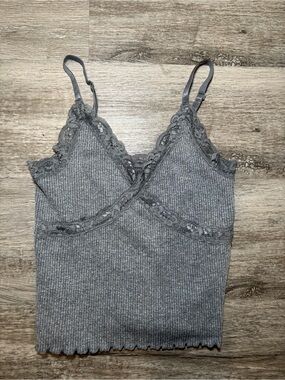 Women’s Grey Lace-Trim Ribbed Tank Top